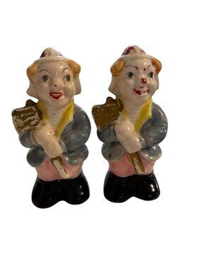 Vintage Japan Firefighter Figurines Pair Ceramic Occupation Figures 4 Inch Mid C